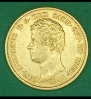 Szardíniai Királyság Károly Albert 6.5 g 900 finomságú arany 20 Líra, Szép tartású  1841