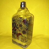 Antik, Habán jellegű, vadászos, zománc festett butella, díszüveg, gyűjtői darab.