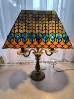 Gyönyörű nagy méretű Tiffany üveg Asztali làmpa réz talpon Hatalmas asztali lámpa