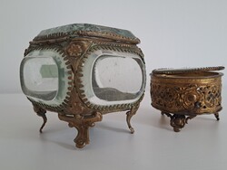 Thick cut glass box with metal frame, corner chipped, vintage style
