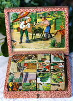 Vintage, osztrák fa kocka kirakó eredeti karton dobozában, borítón Csizmás Kandúr meséje