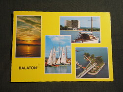 Képeslap,Balaton,Keszthely,vitorlás hajó,naplemente,hotel,strand,móló látkép,részlet, 1987-