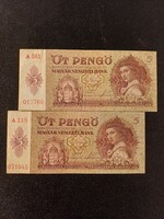 1939 Öt Pengő / Kettő az egyben EF tartással, Ropogós bankjegyek !