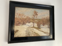 Painting by Lajos Szlányi, sunny winter landscape