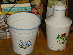 PARASZTI NOSZTALGIA KERTI DEKOR RÉGI ZOMÁNCOS ZOMÁNCOZOTT VIRÁGOS VEDER VÖDÖR + VIZES KANNA KANTA