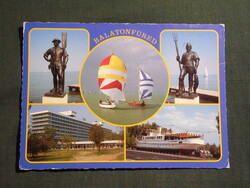Képeslap,Balatonfüred,révész halász szobor,hajó presszó,szálló,vitorlás hajó látkép,részlet,1990-