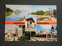 Képeslap,Fonyód,Balaton part,móló,üdülő,Delta étterem,Emberpár szobor,hajóállomás,sétahajó,1974-
