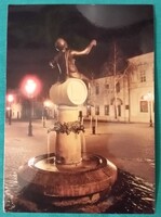 Tokaj, bacchus fountain, statue, wine advertisement, sculptor péter szanyi 1990, written postcard