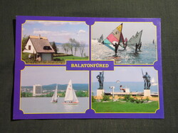 Képeslap,Balatonfüred,strand,révész halász szobor,szörf,vitorlás hajó látkép,részlet,1990-