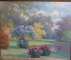 Tordai Székely Mihály (1890-1940) Parkrészlet virágokkal Olaj, vászon.1450