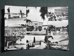 Képeslap,Balatonfüred,szívkórház,szálló,révész halász szobor,hajóállomás,vitorlás hajó részlet,1970-