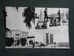 Képeslap,Balatonfüred,szívkórház,szálló,révész halász szobor,hajóállomás,vitorlás hajó részlet,1970-