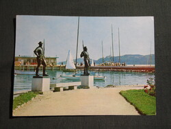 Képeslap,Balatonfüred,révész halász szobor,hajóállomás,kikötő,vitorlás hajó látkép részlet,1974-