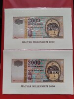 Millenium 2.000 Forintos bankjegy, eredeti MNB csomagolásban 2db sorszámkövető UNC.