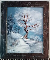 Czinóber - Búcsú januártól ( 20 x 25, olaj , új keretben )