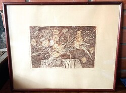 Túry Mária Őszi csokor régi színezett rézkarc keretezve