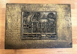 Régi Jónás Ilona iparművészeti fémmunka díszdoboz kis fabetétes réz doboz