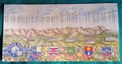 Magas Tátra panoráma, térképes, hegycsúcsok, címerek, képeslap, postatiszta