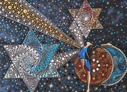 Egyedi, kézzel festett, szignózott akril festmény, pontozott és figurális technika