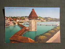 Postcard, Switzerland, Lucerne, Chapel Bridge and Water Tower, 1910-