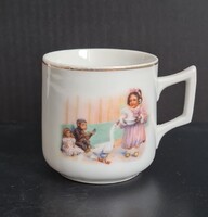 Bájos kismajmos babaszoba jelenetes apró porcelán bögre antik gyűjtői darab