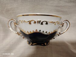 Tökéletes, dúsan aranyozott, Zsolnay, Pompadour, leveses csésze.
