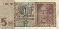 5 reichsmark reichsmarka 1942 Németország 7 jegyű sorszám 1.