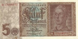 5 reichsmark reichsmarka 1942 Németország 8 jegyű sorszám 1.