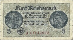 5 reichsmark reichsmarka 1939-45 Németország 8 jegyű sorszám 1.