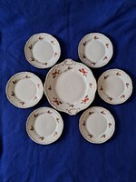 Sosem használt, Zsolnay piros barackvirág mintás süteményes készlet 6 + 1
