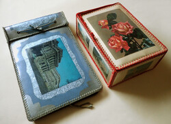 Régi retró vintage képeslapból varrt doboz + album kézzel készített varródoboz kézimunka