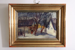 Göldner Tibor (1929-2023) Délutáni Fények 1961. 44x34cm | Tájkép Városkép Női Alakkal Sugovica Baja