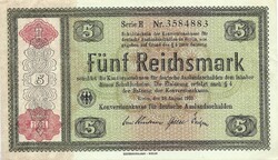 5 reichsmark 1933 / 1934 Németország Konversionskasse piros felülbélyegzés ritka 2 aUNC