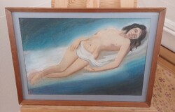 (K) Female nude pastel painting 50x36 cm with frame
