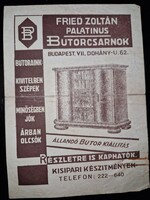 1940, Fried Zoltán bútorkereskedő reklám szórólapja