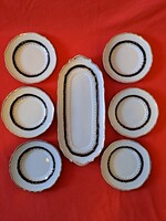 Bolti állapotú, Hollóházi kék rózsa mintás süteményes / szendvicses készlet 6 + 1