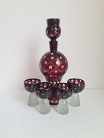 Vastag falú csiszolt pöttyös rácsos burgundy vörös üveg gomba formájú likőrös készlet 4+1