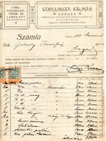 Régi számla: Schillinger Kálmán üveg, porcelán Szeged 1924.