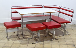 Króm-piros étkező garnitúra - asztal, szék és pad - retro, vintage