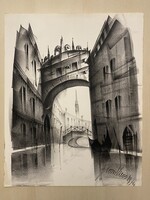 1974 VELENCE, JELZETT VÁROSKÉP SÓHAJOK HÍDJA, GRAFIKA, RAJZ 50 X 40 CM