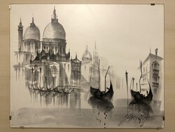 1974 VELENCE, JELZETT CANAL GRANDE, VÁROSKÉP GRAFIKA, RAJZ 2 ÜVEGLAP KÖZÖTT 50 X 40 CM