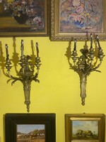 Gyönyörű, aranyozott antik bronz háromágú falikar pár Copf-Empire 51 cm 2,8 kg/db