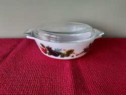 Pyrex fedeles tál, tejüveg, üveg fedővel, zöldségmintákkal, kb. 0,5 l