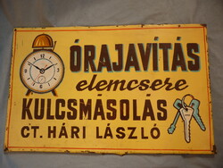 Régi órás cégér retro reklám tábla órajavítás elemcsere kulcsmásolás 70 es 80 as évek cégtábla