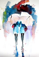 Kovács Anna Brigitta:Girlfriends under umbrellas -  watercolor painting