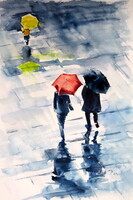 Kovács Anna Brigitta:Family with umbrellas -  watercolor painting