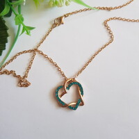 Türkiz strasszköves dupla szív alakú medálos nyaklánc