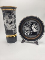 Hollóházi porcelán váza és dísztányér – Szász Endre