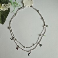 Ezüstszínű 2 soros gyöngyös, csillag és hold díszes nyaklánc