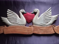 Szerelmes hattyúpár régi fafaragás falidísz